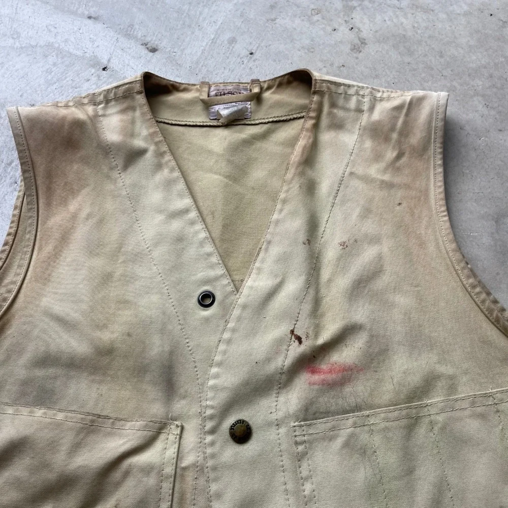 Filson Vintage Canvas Hunting Vest Tan Made in USA Distressed Mens XL Style 8